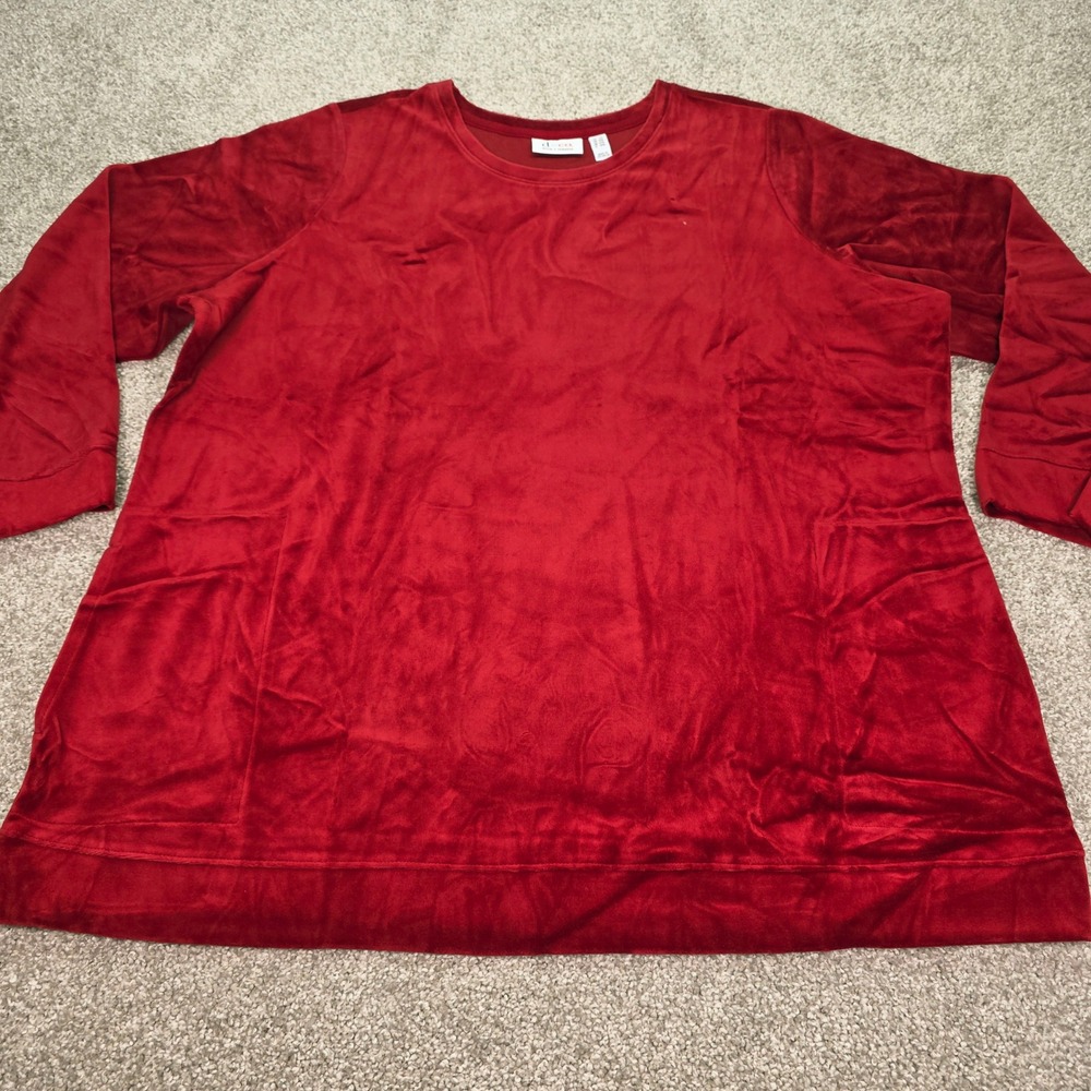 New Denim & Co Womens 2X Red Velour Long Sleeve Crew Neck Pullover Top